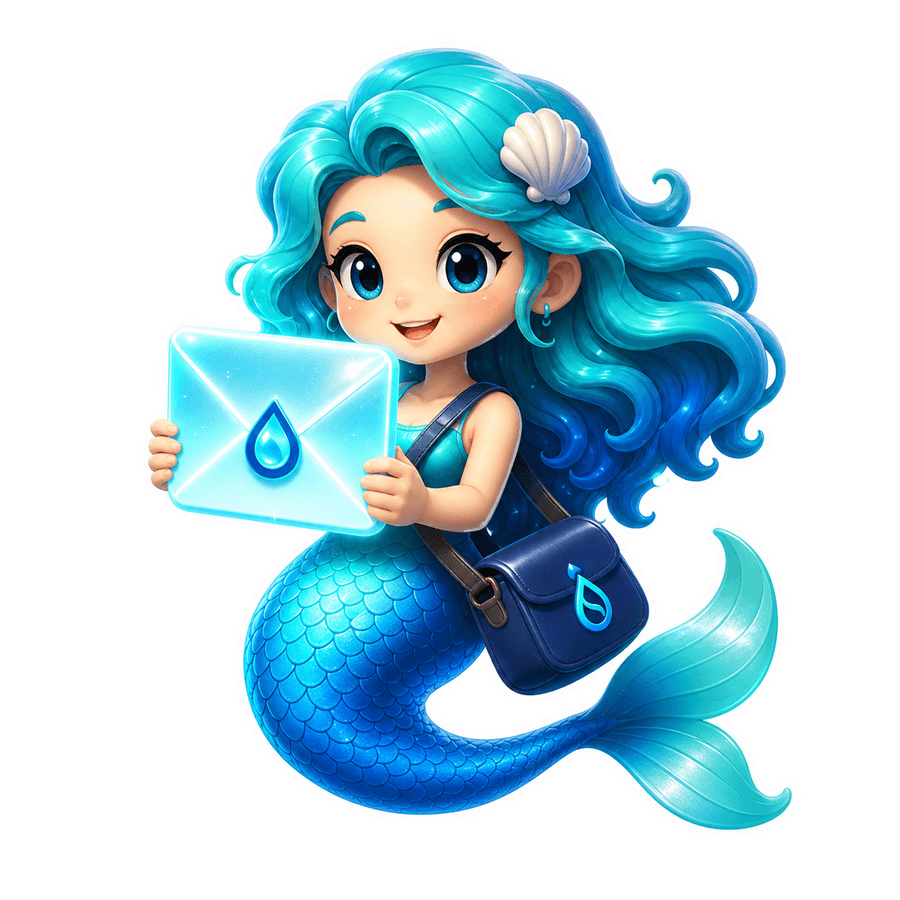 Meri, the Mermail mascot, holding a glowing email envelope